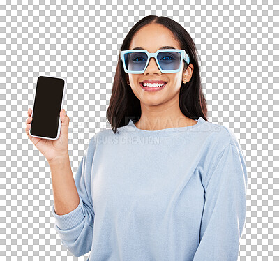 Phone, fashion and portrait of woman with sunglasses in yellow studio for social media, website and internet. Communication, mockup space and happy girl on smartphone for chat, promotion and network