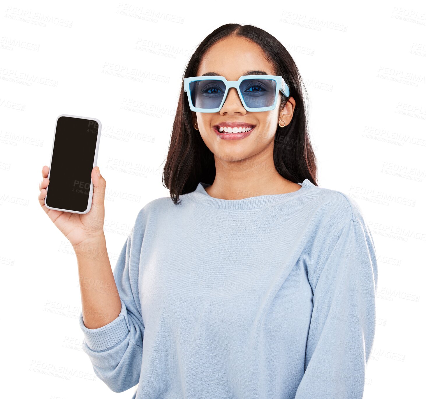 Buy stock photo Happy woman, portrait and phone mockup with sunglasses in fashion isolated on a transparent PNG background. Female person smile or show mobile smartphone display for communication app or social media