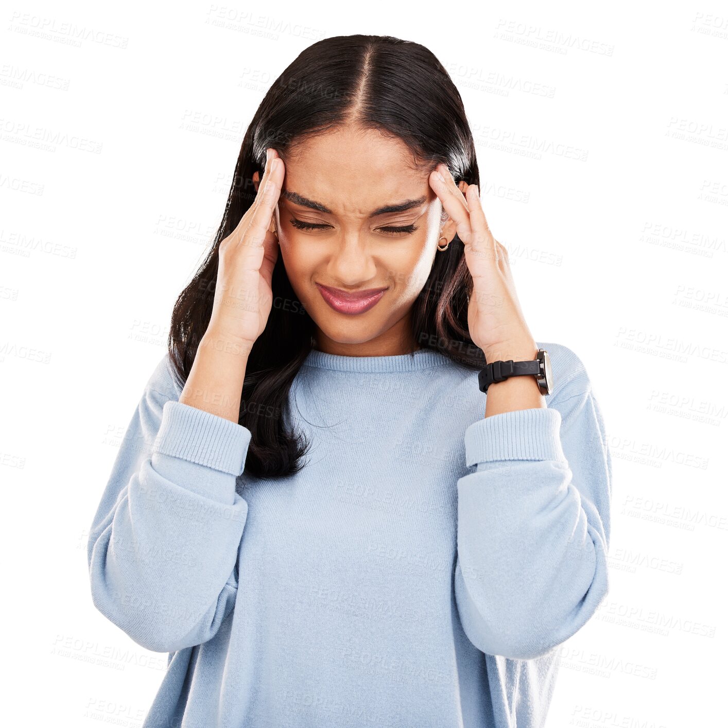 Buy stock photo Stress, anxiety and woman with headache pain isolated in a transparent or png background frustrated with depression. Angry, migraine and tired young female person with tension, strain  and fatigue