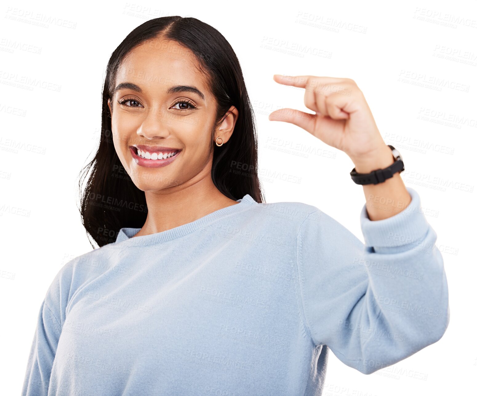 Buy stock photo Small, hand and portrait of happy woman with size gesture on isolated, transparent or png background. Finger, scale and lady face with close, measurement or emoji for review, feedback or tiny growth