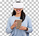 Woman is eating popcorn, happiness and VR goggles with snack for watching tv or movie on yellow studio background. Future technology, virtual reality experience and corn treat, cinema and UX 