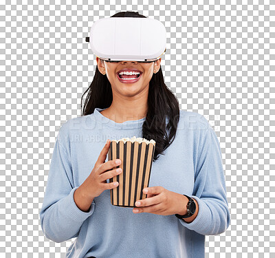 Woman is eating popcorn, happiness and VR goggles with snack for watching tv or movie on yellow studio background. Future technology, virtual reality experience and corn treat, cinema and UX