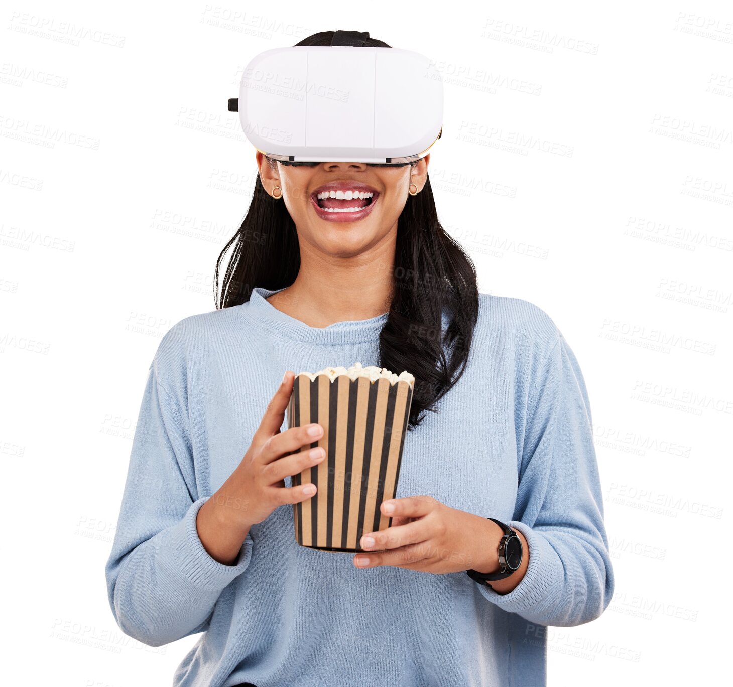 Buy stock photo Happy woman, virtual reality headset and eating popcorn, food and watch VR television show, metaverse film or movies. Snack, AR simulation and hungry person watching tv on transparent, png background