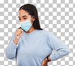 Covid, cough and sick with woman in studio for medical, virus and breathing problems. Illness, pandemic and healthcare with female and face mask on yellow background for disease, infection and flu