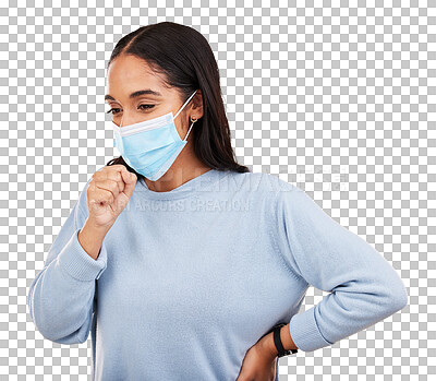Covid, cough and sick with woman in studio for medical, virus and breathing problems. Illness, pandemic and healthcare with female and face mask on yellow background for disease, infection and flu