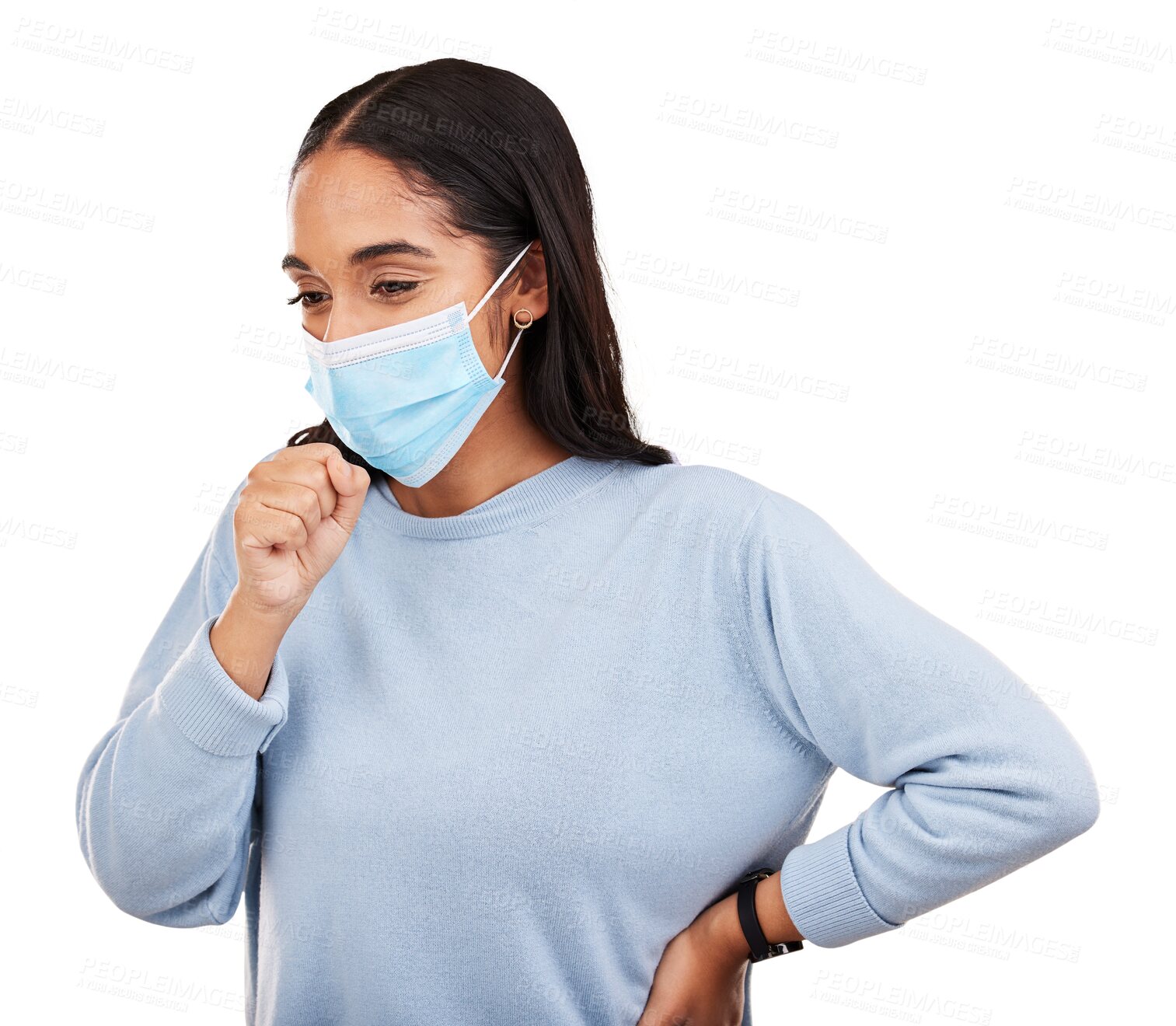 Buy stock photo Covid, cough and mask with woman isolated on transparent png background, virus and breathing problem. Illness, pandemic and safety in healthcare, sick girl with ppe for disease, infection and flu.