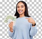 Woman, happy and cash in studio portrait for bonus, winning or profit by yellow background. Young student girl, winner and money fan with pointing at bills for celebration of success on stock market