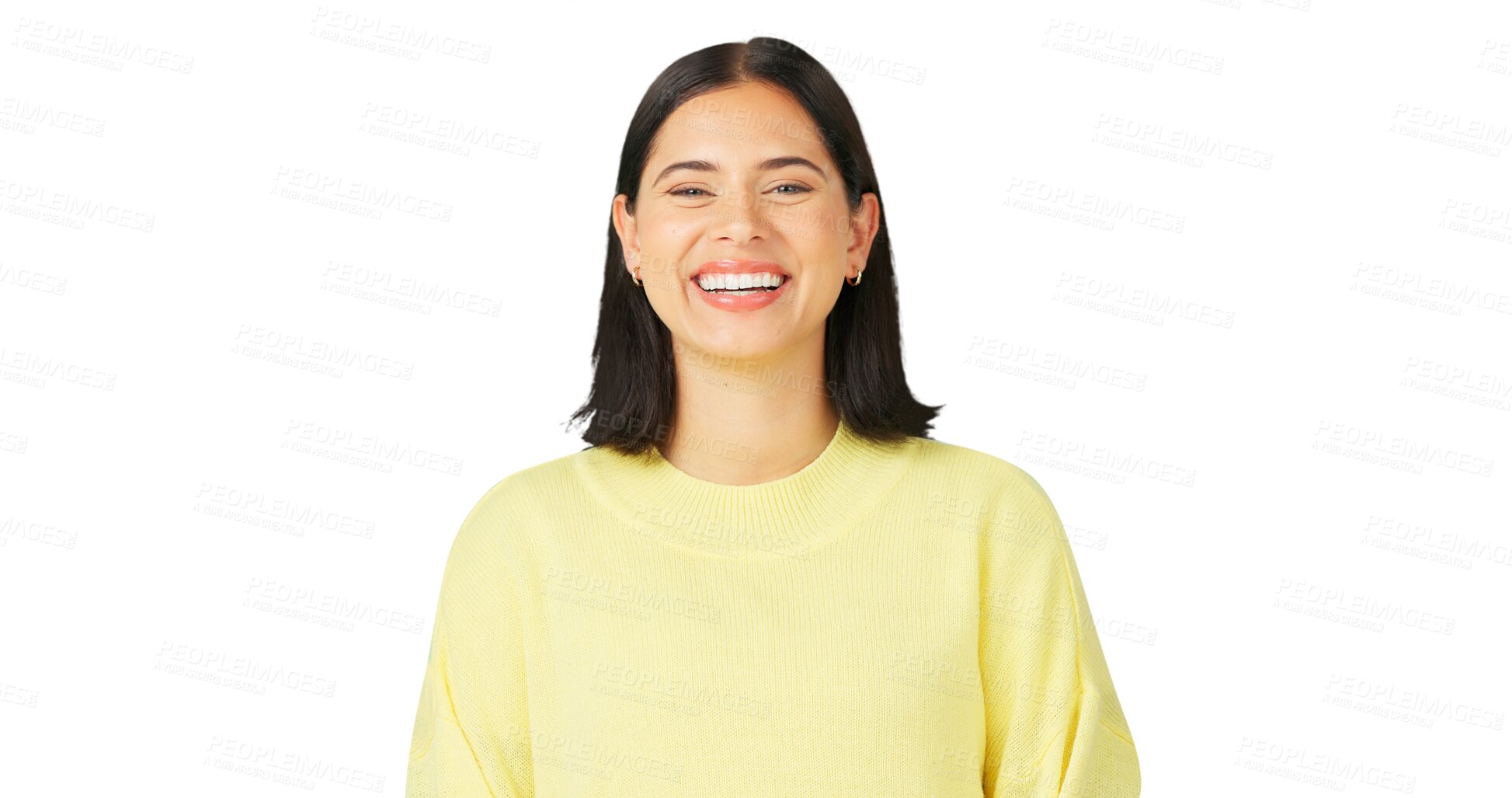 Buy stock photo Happy, laughing and portrait of a young woman isolated on a transparent, png background. Smile, positive mindset and portrait of a female person with confidence, happiness and wellness or motivation