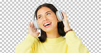 Buy stock photo Happy, thinking and a woman with headphones, music and listening to a podcast. Idea, young and a girl or person with vision, streaming audio and sound isolated on a transparent png background