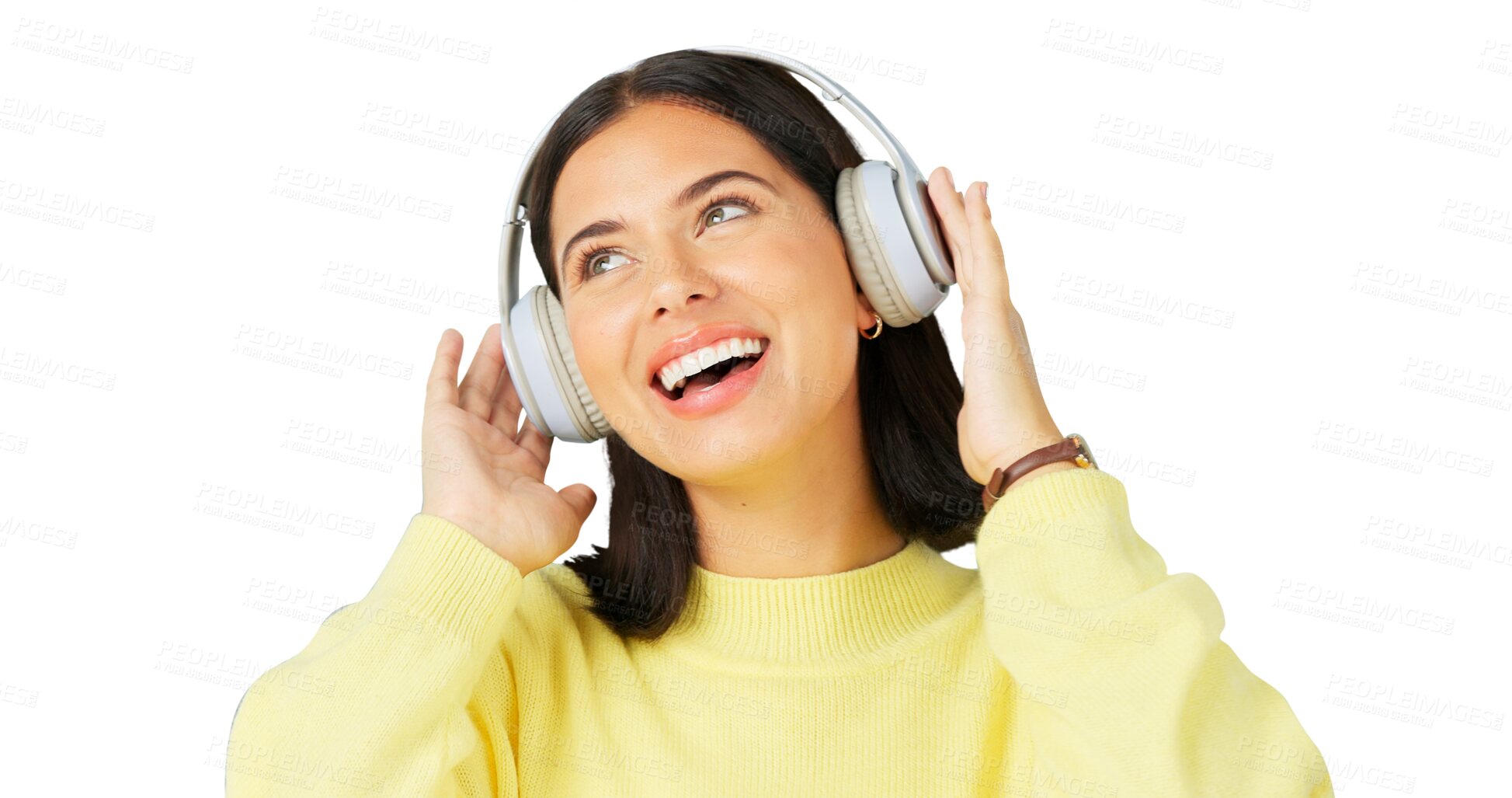 Buy stock photo Happy, thinking and a woman with headphones, music and listening to a podcast. Idea, young and a girl or person with vision, streaming audio and sound isolated on a transparent png background