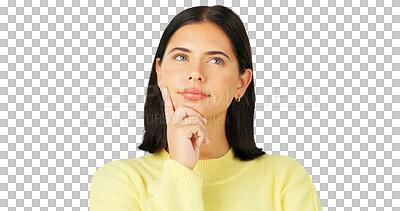 Buy stock photo Thinking, idea and face of a young woman with vision isolated on a transparent, png background. Question, solution and a female person with hand on chin for choice, decision or problem solving