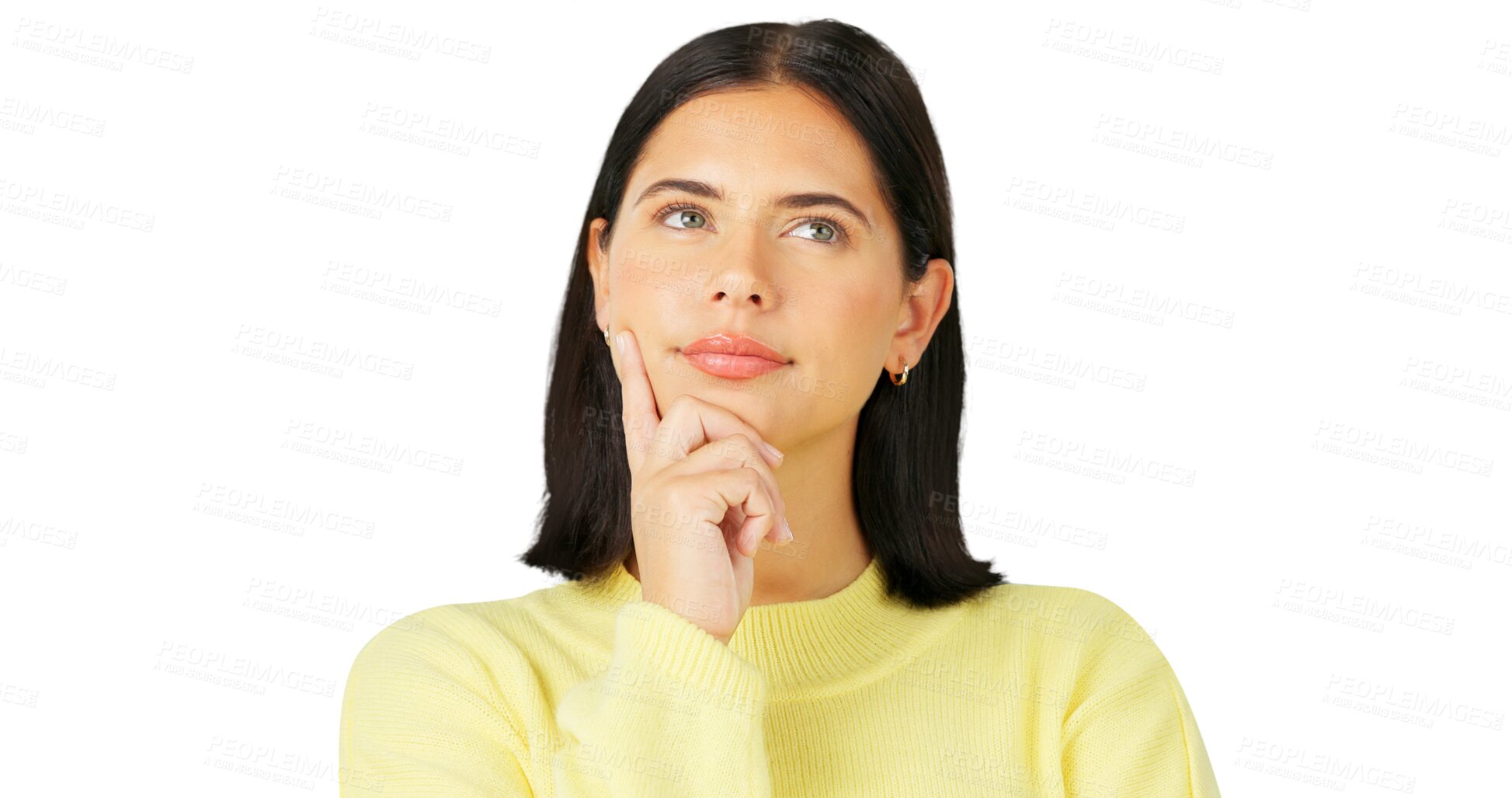 Buy stock photo Thinking, idea and face of a young woman with vision isolated on a transparent, png background. Question, solution and a female person with hand on chin for choice, decision or problem solving