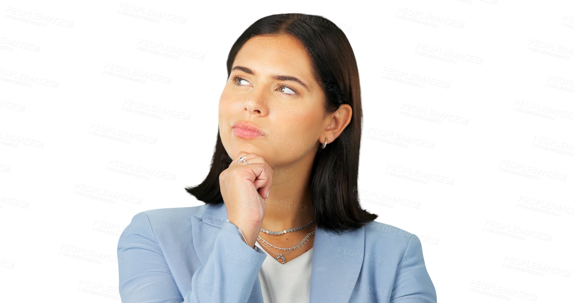 Buy stock photo Idea, thinking and face of a business woman with vision or doubt isolated on a transparent, png background. Question, solution and a person with hand on chin for choice, decision or problem solving
