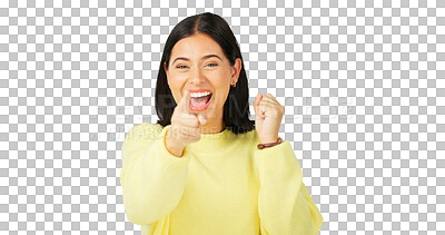 Buy stock photo Portrait, choice and a woman excited for an opportunity isolated on a transparent background to vote for you. Smile, pointing and selection with a happy young female person on PNG for decision