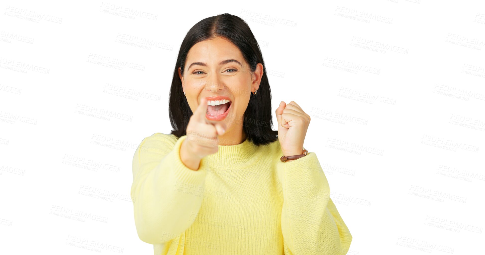 Buy stock photo Portrait, choice and a woman excited for an opportunity isolated on a transparent background to vote for you. Smile, pointing and selection with a happy young female person on PNG for decision