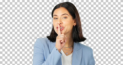 Buy stock photo Portrait, secret and happy woman with privacy and finger on lips for gossip. Smile, girl and silence for business announcement, whisper emoji and mystery deal isolated on a transparent png background