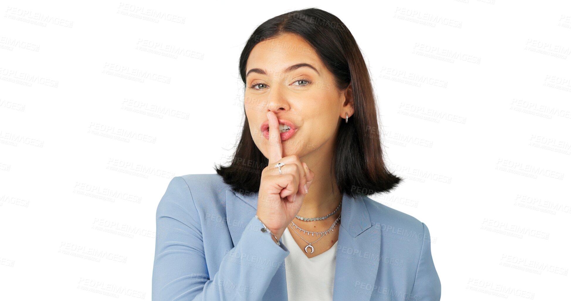 Buy stock photo Portrait, secret and happy woman with privacy and finger on lips for gossip. Smile, girl and silence for business announcement, whisper emoji and mystery deal isolated on a transparent png background