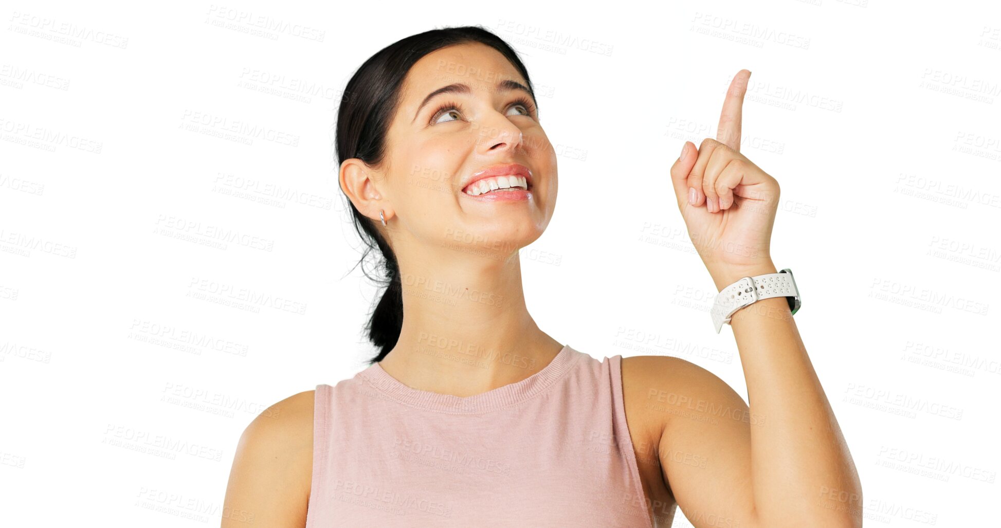 Buy stock photo Happy woman, fitness or pointing up to show promotion offer, marketing or sale announcement info. News, smile or personal trainer advertising a commercial deal isolated on transparent png background