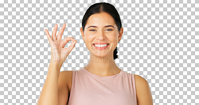 Buy stock photo Portrait, okay and woman with a sign, perfect and happiness with success. Support, female and a person with an emoji hand gesture for agreement and feedback isolated on a transparent png background