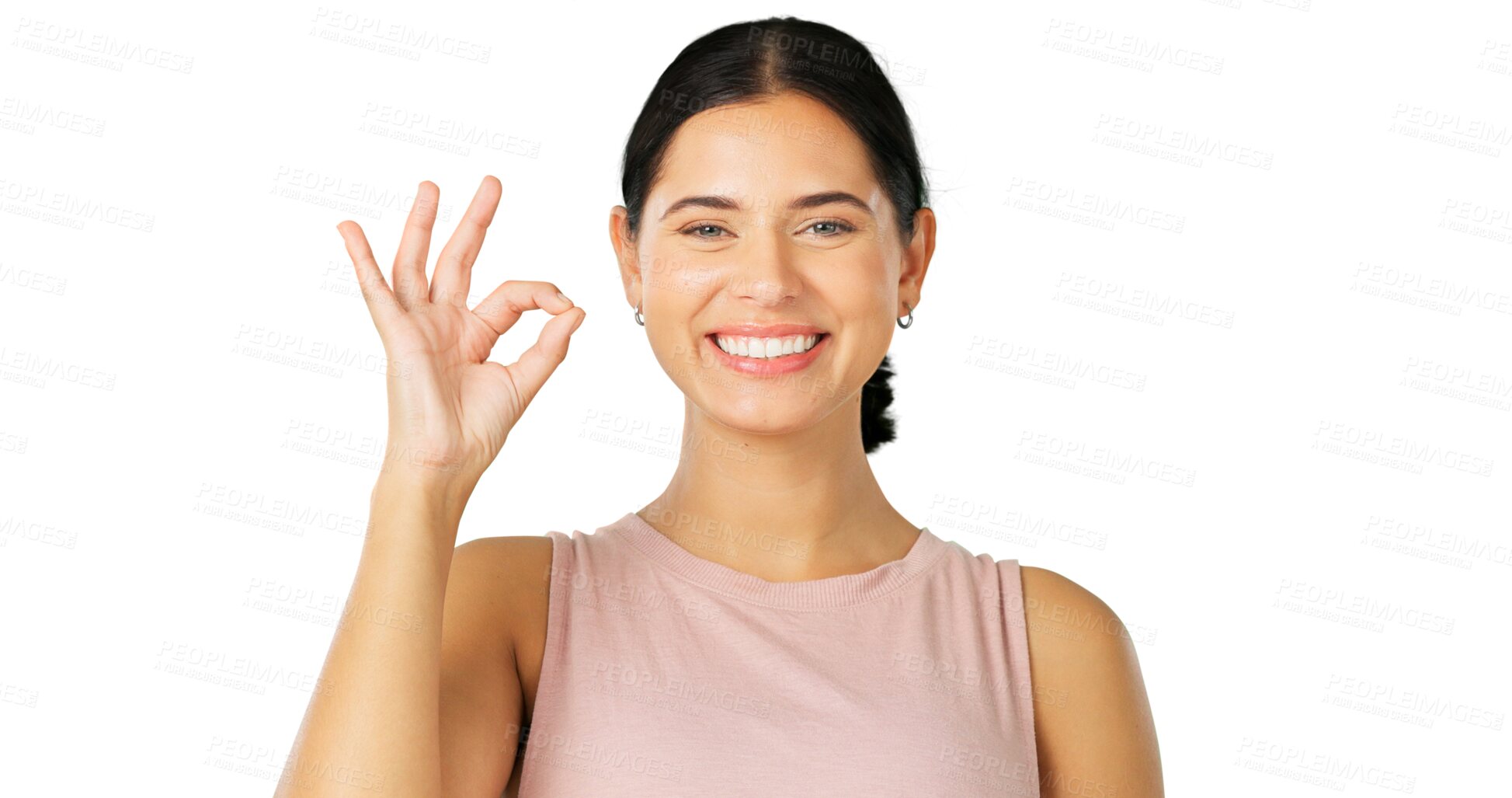 Buy stock photo Portrait, okay and woman with a sign, perfect and happiness with success. Support, female and a person with an emoji hand gesture for agreement and feedback isolated on a transparent png background