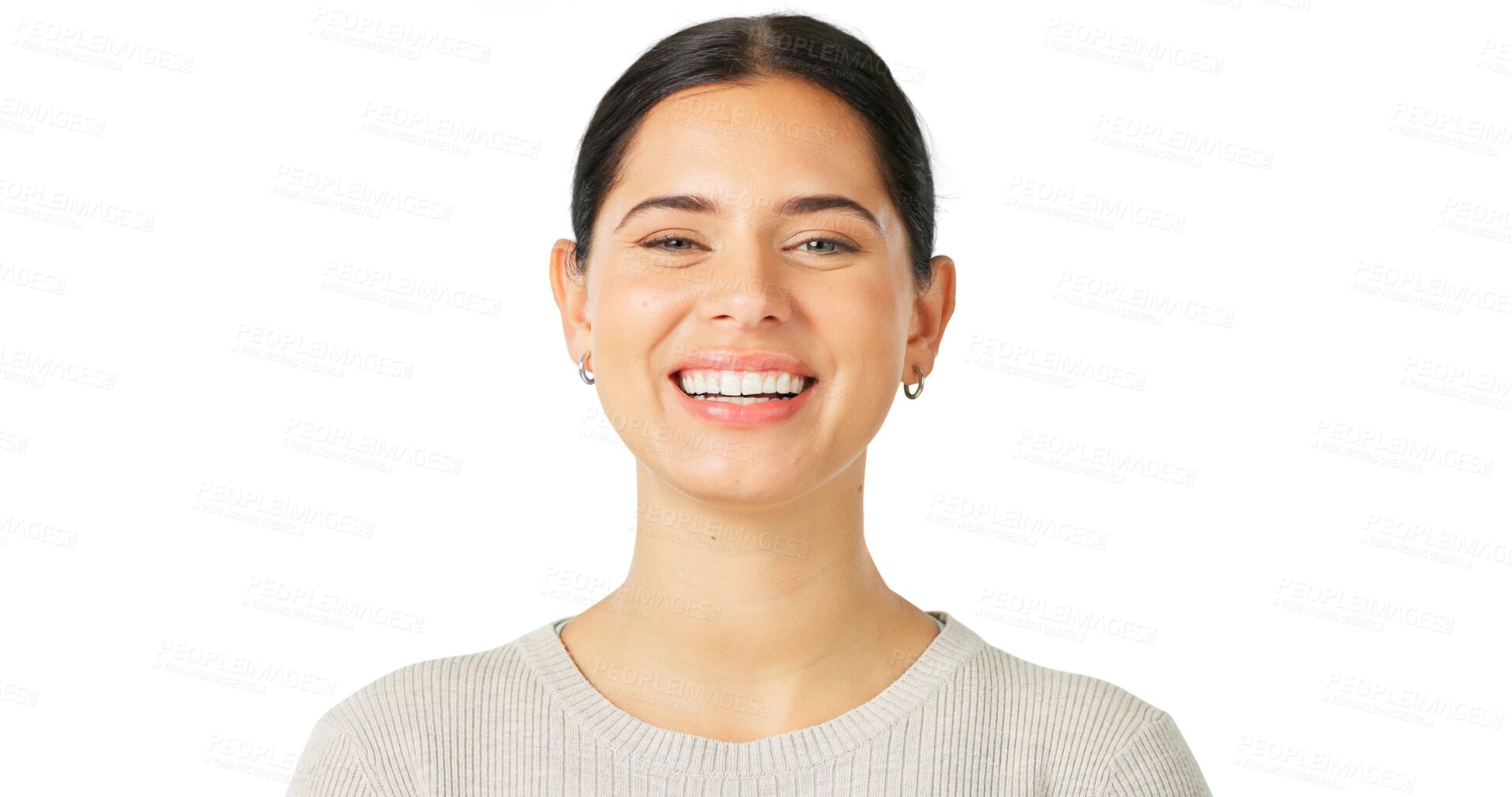 Buy stock photo Headshot, portrait and a woman with a smile, happiness and confidence isolated on a transparent png background. Young girl, beautiful female model and pride, good mood and carefree personality