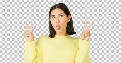 Buy stock photo Tongue, funny and woman with peace sign, carefree personality and facial expression. Thinking, female model and smile with emoji reaction, meme and happiness isolated on a transparent png background