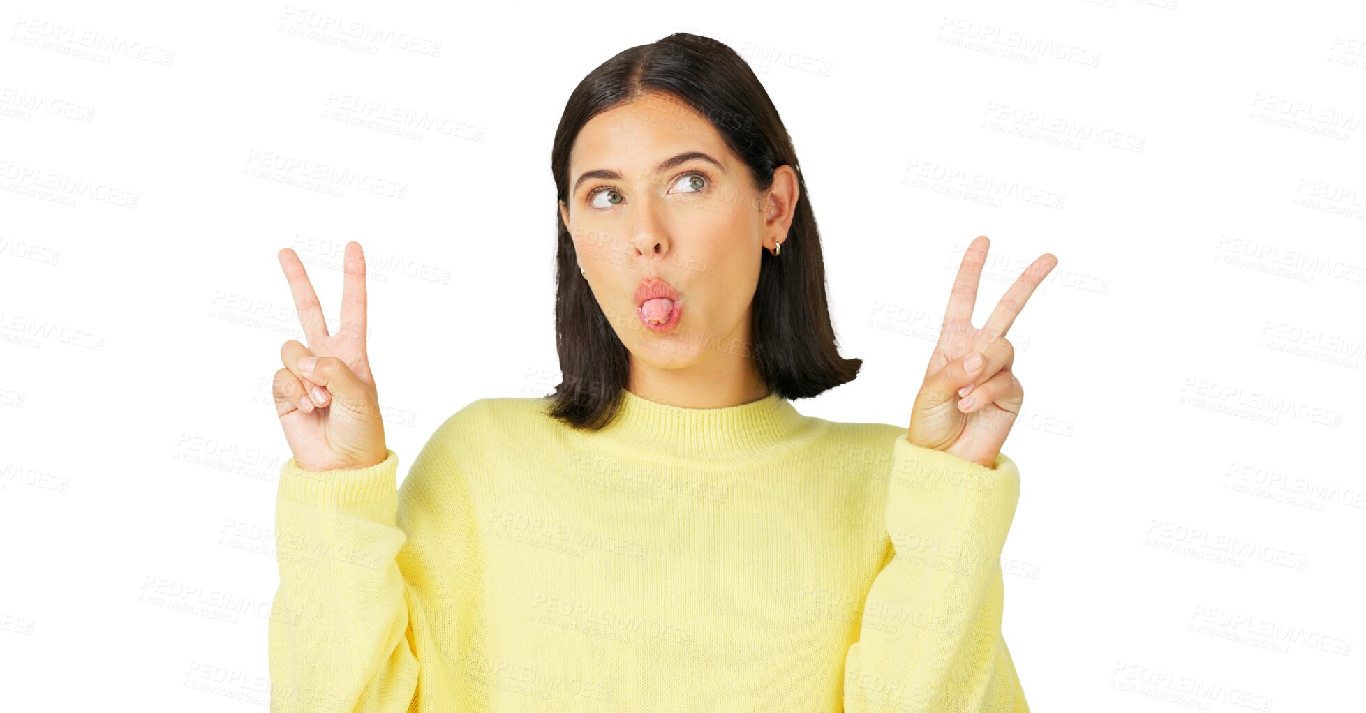 Buy stock photo Tongue, funny and woman with peace sign, carefree personality and facial expression. Thinking, female model and smile with emoji reaction, meme and happiness isolated on a transparent png background