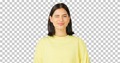 Buy stock photo Happy, woman and wink on face or emoji of happiness on transparent, isolated or png background. Portrait, female model and winking with a smile or girl in a fun mood and flirting personality