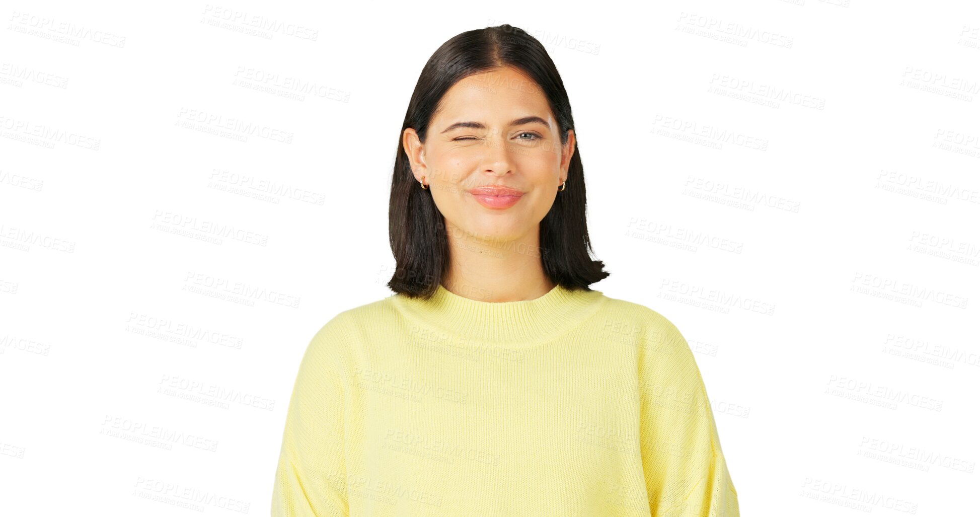 Buy stock photo Happy, woman and wink on face or emoji of happiness on transparent, isolated or png background. Portrait, female model and winking with a smile or girl in a fun mood and flirting personality