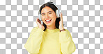 Face, green screen and woman with headphones, listen and movement on a studio background. Portrait, female dancer and person with headset, streaming music and excitement with stress relief and relax