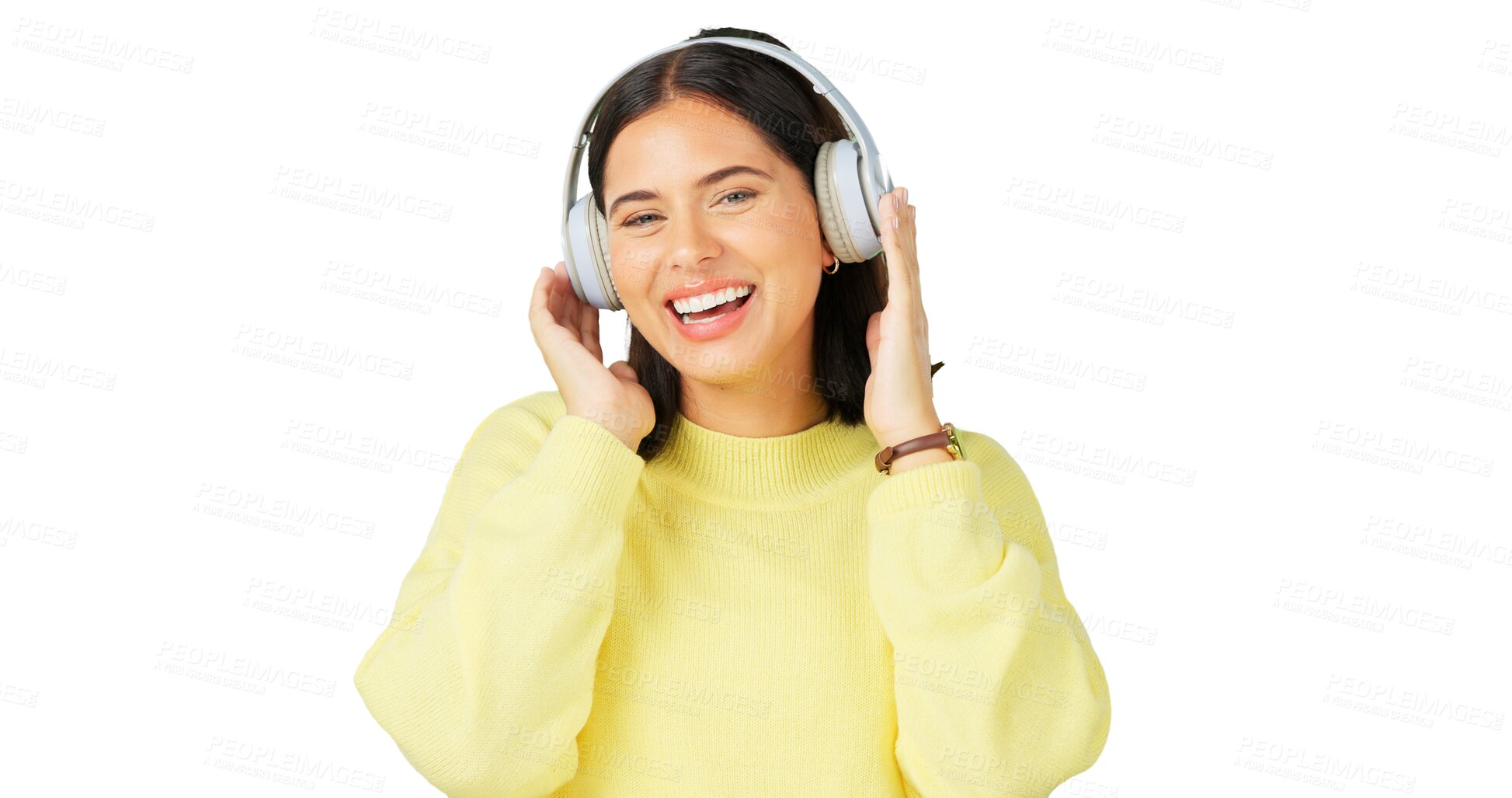 Buy stock photo Face, excited and woman with music headphones isolated on a transparent png background. Portrait, happy and person listening to radio, podcast and streaming jazz audio, sound and hearing for freedom