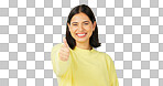 Happy woman, thumbs up and green screen for winning, success or agreement against a studio background. Portrait of female face with smile showing thumb emoji, yes sign or like on chromakey mockup