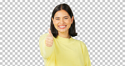 Buy stock photo Thumbs up, portrait and happy success of woman isolated on transparent png background for winning news. Face of model, okay emoji and like for feedback, review and vote yes in agreement of promotion