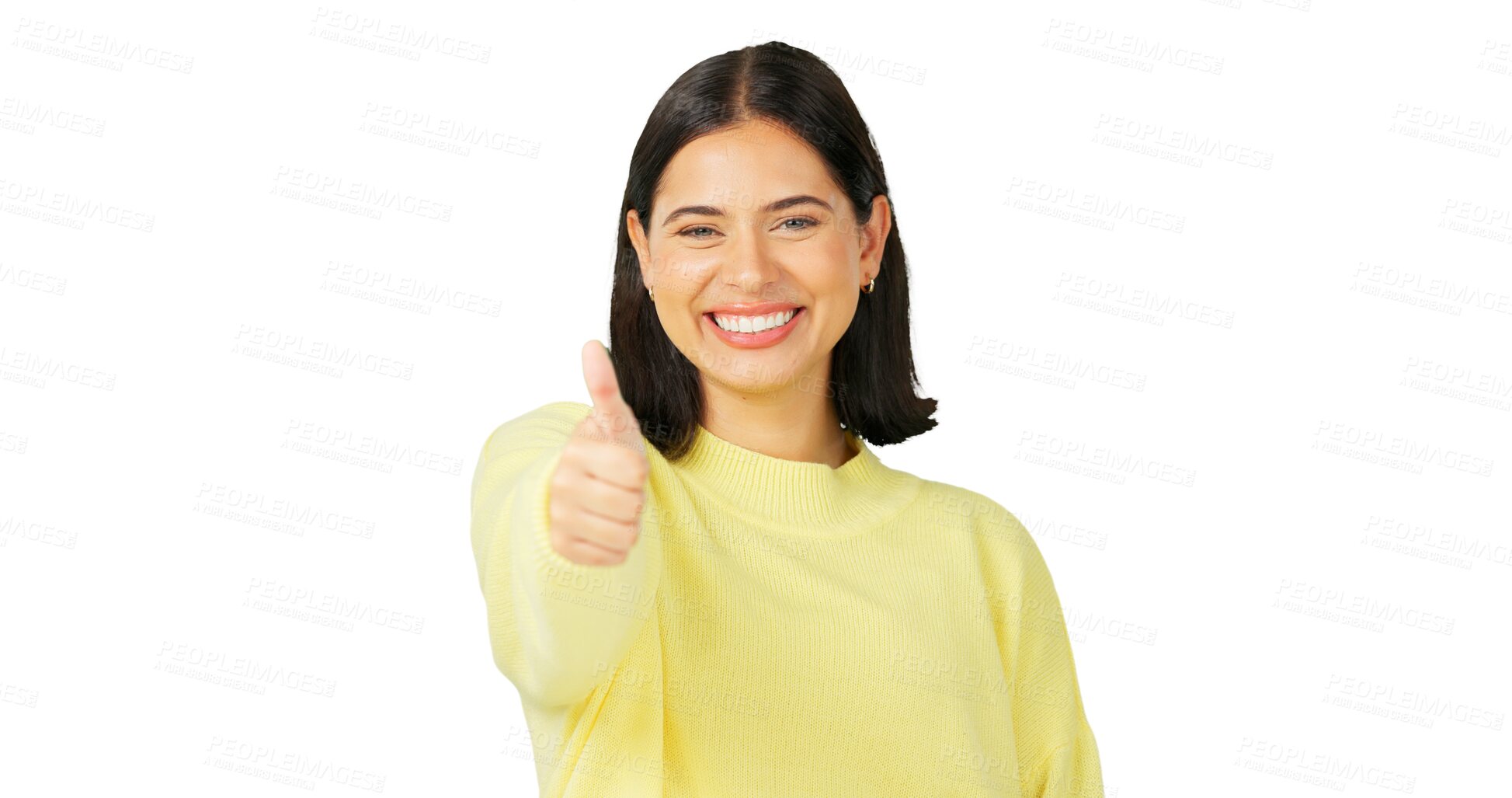 Buy stock photo Thumbs up, portrait and happy success of woman isolated on transparent png background for winning news. Face of model, okay emoji and like for feedback, review and vote yes in agreement of promotion