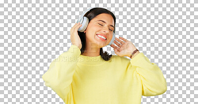 Buy stock photo Happy, streaming music and a woman with headphones for a podcast or radio. Smile, female dancer and person listening to audio and dancing to sound isolated on a transparent png background for freedom