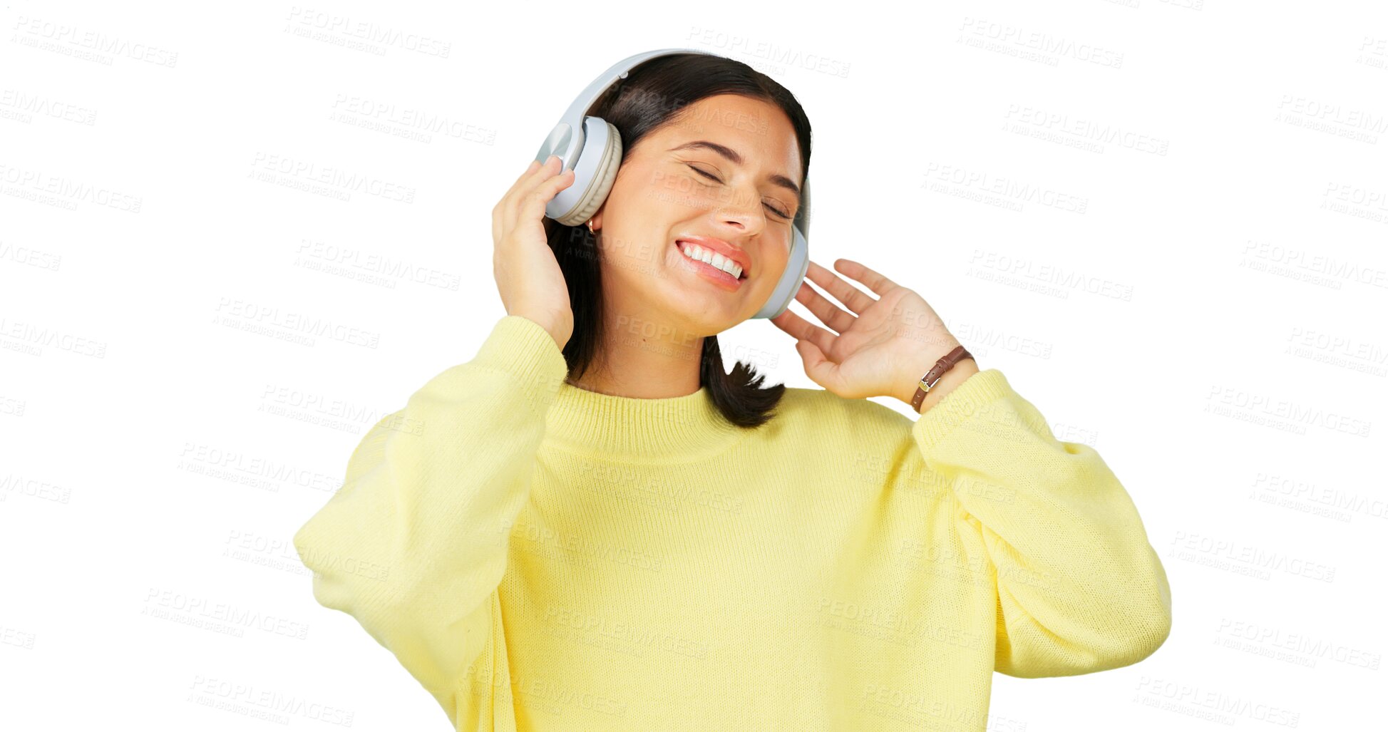 Buy stock photo Happy, streaming music and a woman with headphones for a podcast or radio. Smile, female dancer and person listening to audio and dancing to sound isolated on a transparent png background for freedom