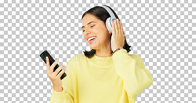 Happy woman, phone and dancing with headphones on green screen for audio track against a studio background. Female with headset listening to music on smartphone enjoying dance to sound on mockup