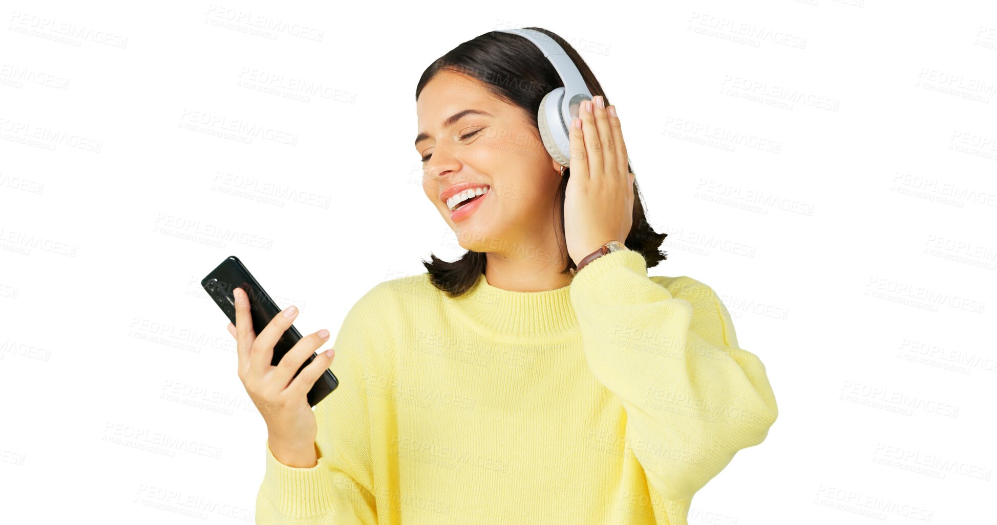 Buy stock photo Happy woman, phone and headphones listening to music isolated on a transparent PNG background. Female person smile with headset for audio streaming, sound track or songs on mobile smartphone app