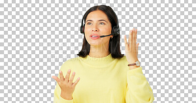 Buy stock photo Woman, telecom call center or consulting in customer service isolated on transparent png background. Tech support, contact us or female agent consultant talking or speaking on mic for telemarketing