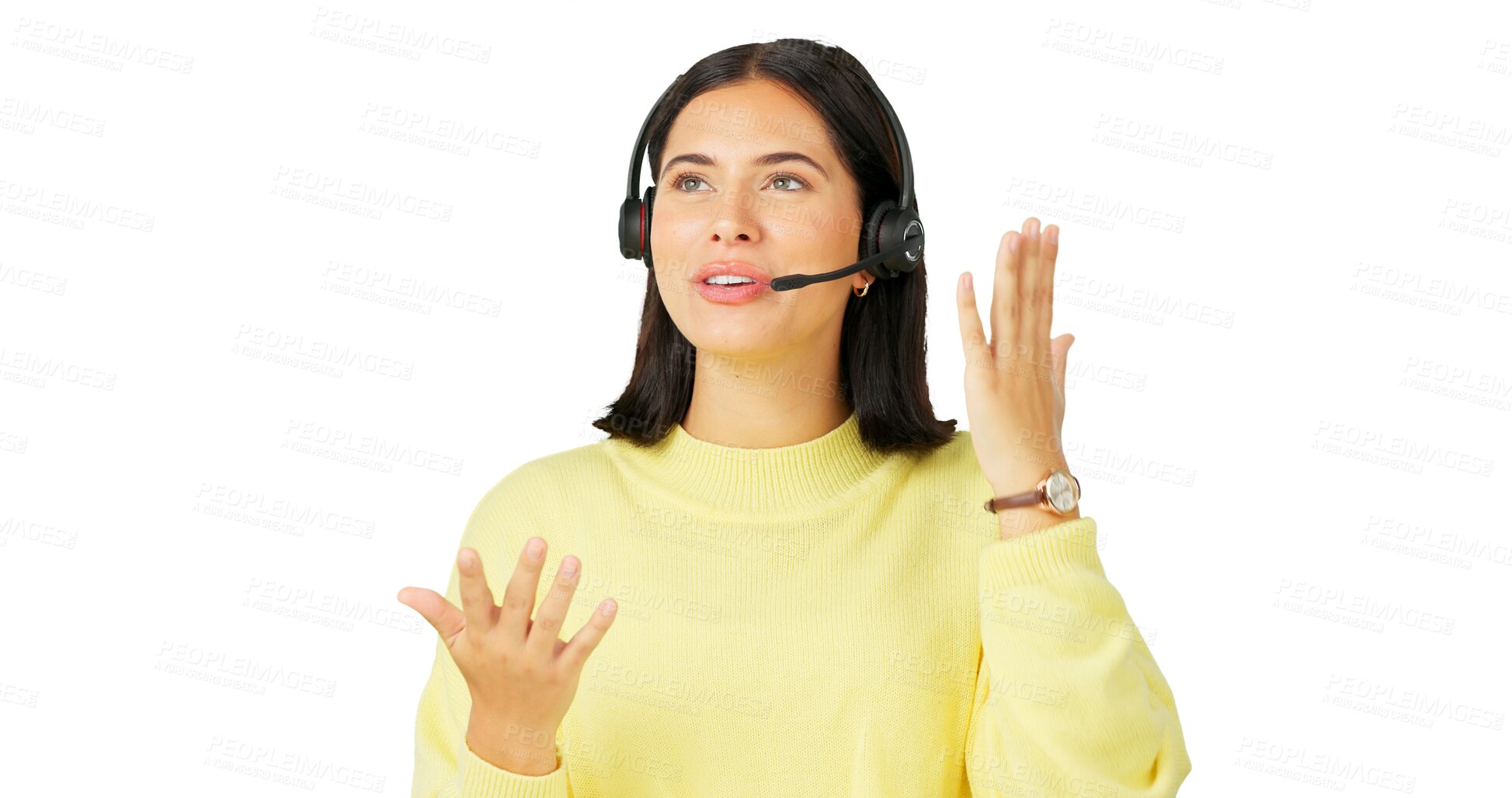 Buy stock photo Woman, telecom call center or consulting in customer service isolated on transparent png background. Tech support, contact us or female agent consultant talking or speaking on mic for telemarketing