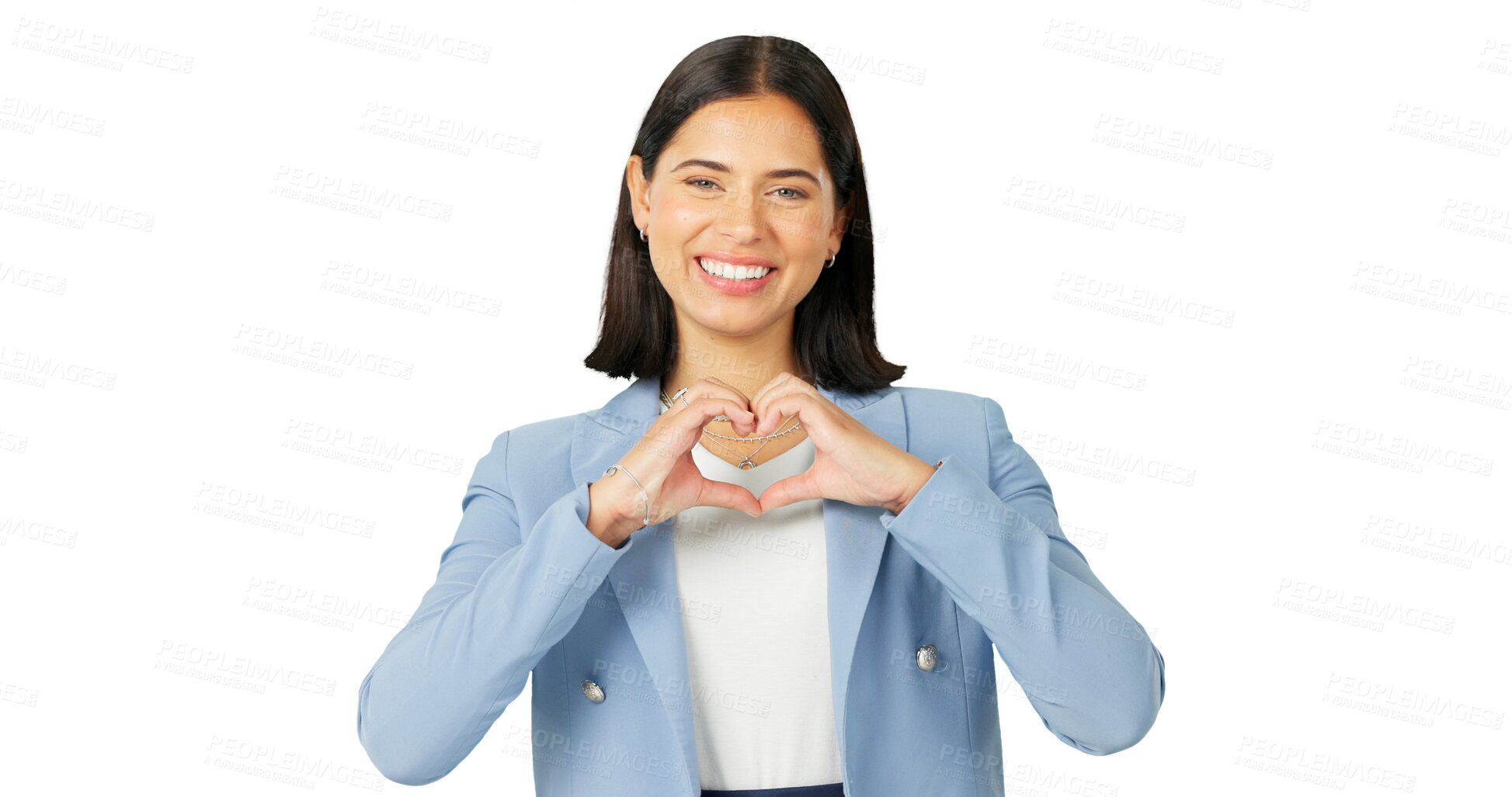 Buy stock photo Happy, portrait and woman with heart in hand, sign or gesture of affection on transparent, isolated and png background. Love, hands and smile on face with emoji, shape or icon of support and care