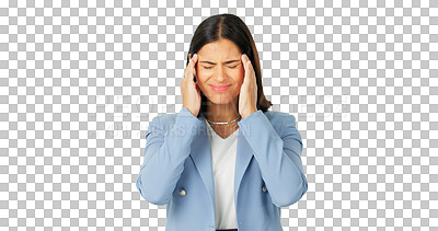 Business woman, headache and pain on green screen, studio and stress of dizzy mind, mental health and brain fog. Frustrated female worker, migraine and anxiety of burnout, problems and fatigue face
