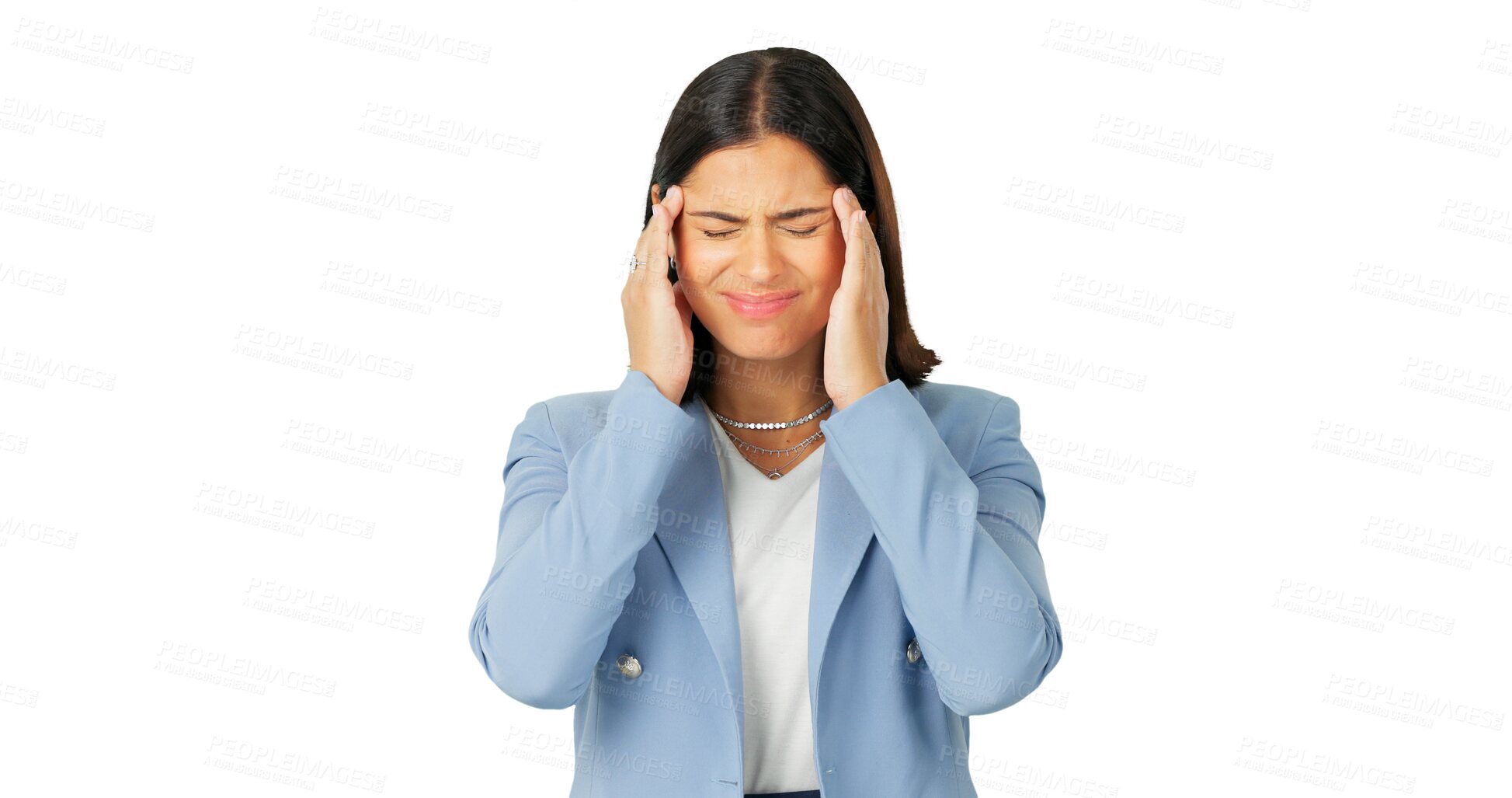 Buy stock photo Face of business woman, headache and pain of stress, mistaje and brain fog isolated on transparent png background. Frustrated female worker, migraine and anxiety of burnout, mental health and fatigue