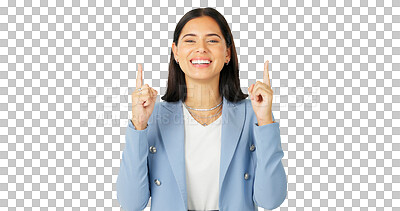 Buy stock photo Business woman, portrait and pointing up to presentation, choice or sales news isolated on transparent png background. Happy worker advertising promotion of deal, announcement or information about us