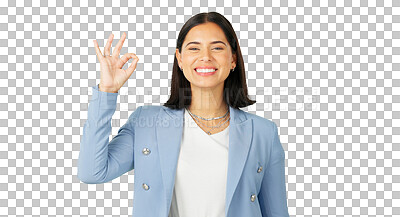 Buy stock photo Ok hands, portrait and business woman smile isolated on a transparent png background. Face, happy and professional with okay sign for success, yes and agreement, perfect and thank you for excellence