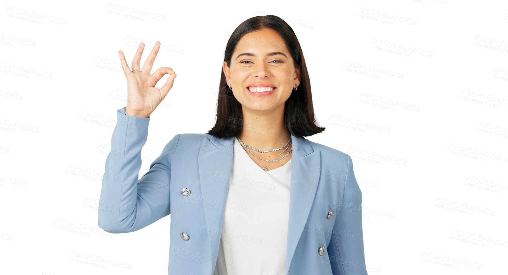 Buy stock photo Ok hands, portrait and business woman smile isolated on a transparent png background. Face, happy and professional with okay sign for success, yes and agreement, perfect and thank you for excellence