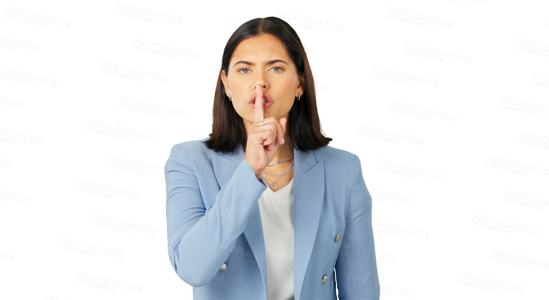 Buy stock photo Secret, angry portrait and business woman with finger on lips isolated on transparent png background in privacy, loud noise or moody reaction. Face of serious worker, silence and quiet emoji of voice