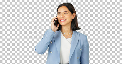 Buy stock photo Woman, business and happy for phone call, communication or negotiation chat isolated on transparent png background. Female worker thinking of mobile conversation, hello and networking with contact 