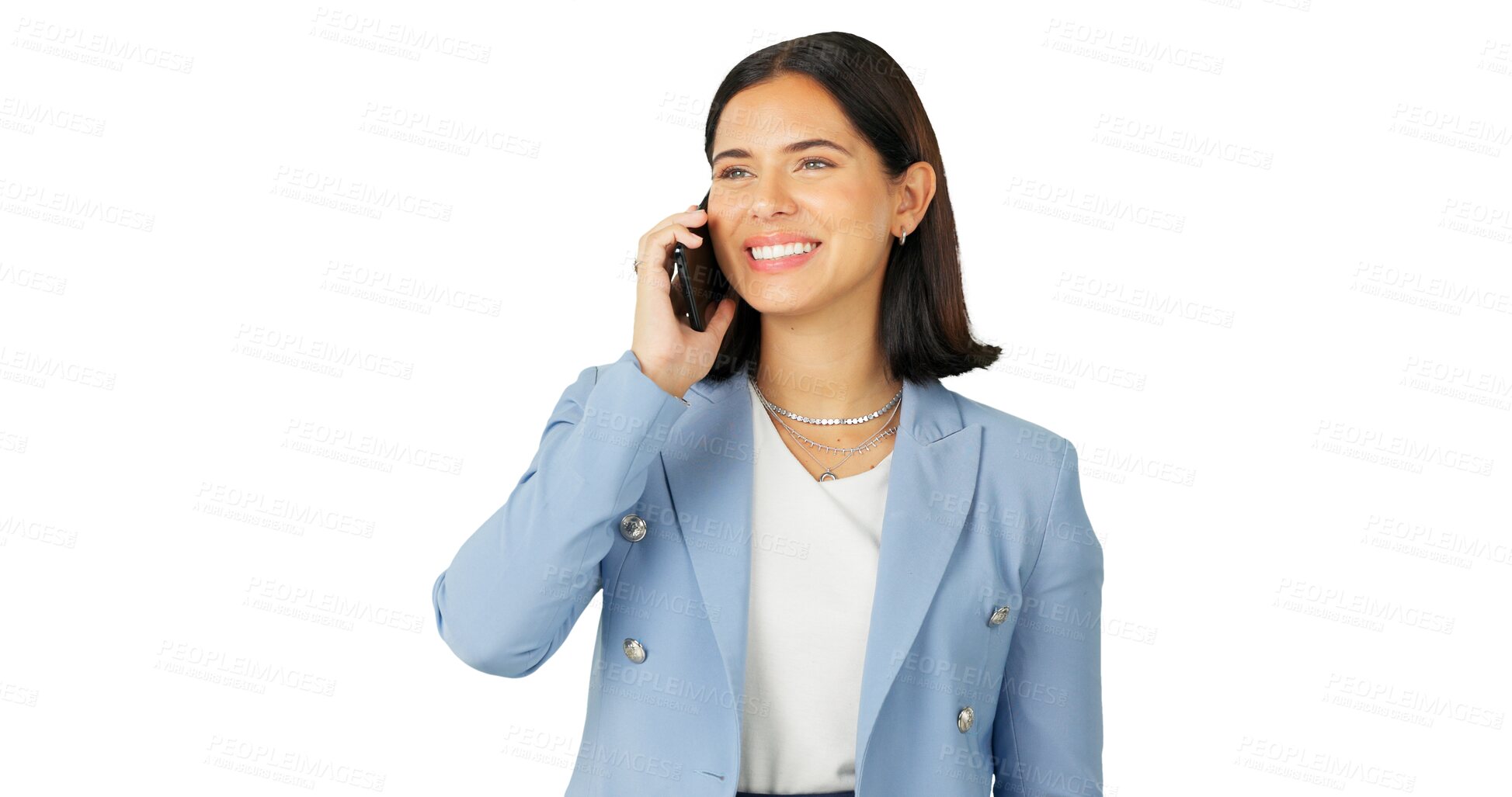 Buy stock photo Woman, business and happy for phone call, communication or negotiation chat isolated on transparent png background. Female worker thinking of mobile conversation, hello and networking with contact 