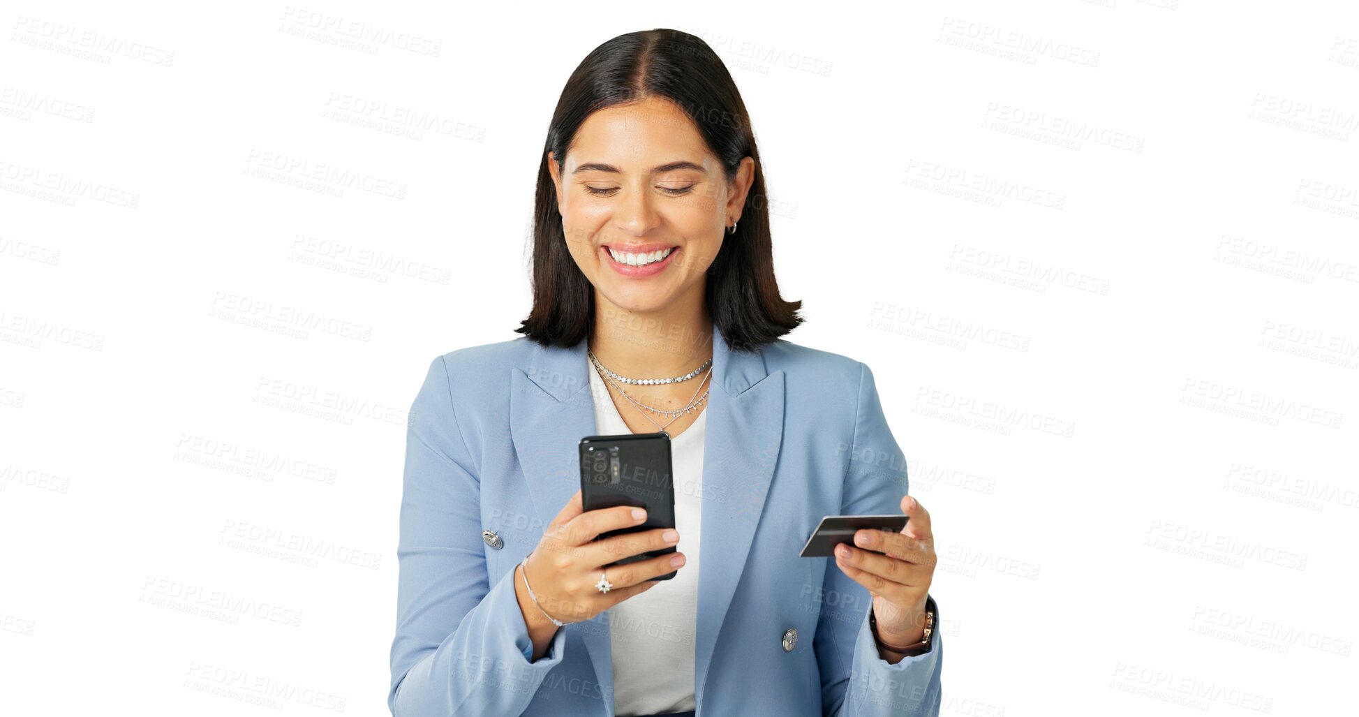 Buy stock photo Business woman, phone and credit card in online payment, shopping or ecommerce isolated on a transparent PNG background. Happy female person in fintech transaction or banking app on mobile smartphone